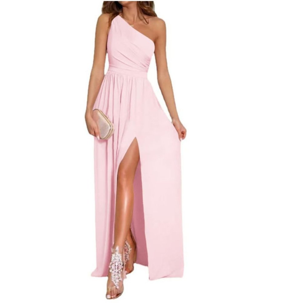 NEW! Women's Large One Shoulder High Split Ruched Sexy Cocktail Maxi Long Dress